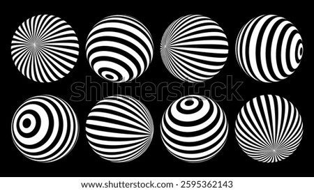 Black and White 3D Spheres with Stripes. Stripe Ball Objects Set. Optical Illusion Lines Pattern Spheres. Abstract Vector Illustration.