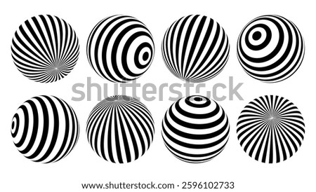 Black and White 3D Spheres with Stripes. Stripe Ball Objects Set. Optical Illusion Lines Pattern Spheres. Abstract Vector Illustration.