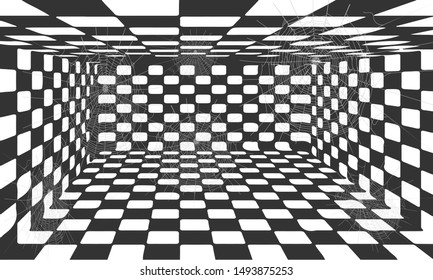 Black and white 3D square room with spider web, abandoned room, illustration, halloween party - vector