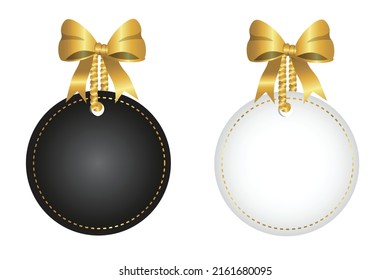 Black and white 3D Black Tag Design Elements set with Satin Golden Ribbon Bow. Isolated Vector Label Illustrations collection. Black Friday Big Sale New Year Realistic Stylish and Elegant Price Tags.