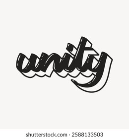 Black and white 3D text of 'unity' in a bold, cursive style. The word 'unity' stands out with a shadow effect, emphasizing connection and togetherness. Creative typography design vector.