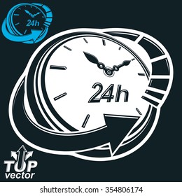 Black and white 3d vector 24 hours timer, around-the-clock pictogram. Twenty-four hours a day conceptual stylized icon isolated on dark backdrop.