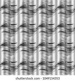 Black and white 3d wavy lines seamless pattern. Vector silver drapery background, wallpaper. Abstract doodle waves, lines, stripes. Modern ornaments. Surface textured design for fabric, textile.