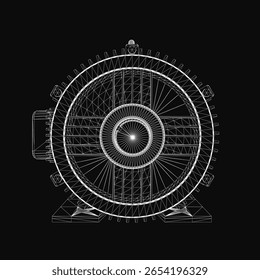 Um desenho de arame 3D preto e branco de um motor elétrico com componentes detalhados, fiação visível e estrutura mecânica intrincada. A ilustração técnica destaca engrenagens, bobinas