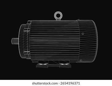 Um desenho de arame 3D preto e branco de um motor elétrico com componentes detalhados e fiação visível. O design intrincado destaca a estrutura do motor em um fundo escuro.