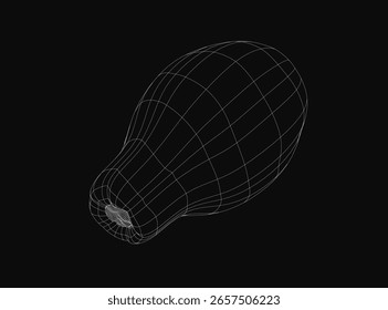 Eine schwarz-weiße 3D-Drahtmodell-Illustration einer ganzen Papaya-Frucht mit weißen Linien auf schwarzem Hintergrund, die ihre glatte Textur, innere Samen und tropische Anziehungskraft zeigt.