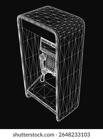 Um modelo de wireframe 3D preto e branco de uma cabine telefônica está sobre um fundo escuro, mostrando profundidade e estrutura realistas. A renderização detalhada destaca o design de rua icônico