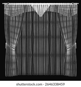 Black and white 3D-rendered curtain with realistic folds and texture, isolated on a dark background. The detailed shading creates depth, making the fabric appear lifelike.