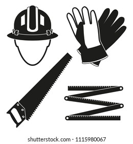 Black and white 4 carpenter elements silhouette set. Handyman tool for home repair. Construction themed vector illustration for icon, logo, sticker, label, sign, badge, certificate or flayer decorat