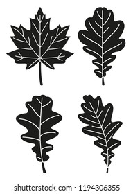 Black and white 4 oak leaf silhouette set. Seasonal fall plant symbol. Autumn harvest themed vector illustration for icon, stamp, label, sticker, badge, gift card, certificate or flayer decoration