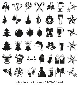 Black and white 42 christmas elements. New year holiday decorations. Xmas themed vector illustration for icon, logo, sticker, patch, label, sign, badge, certificate or gift card decoration