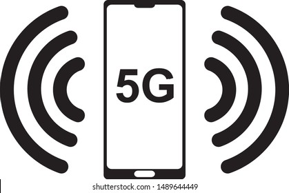 Black and white 5 G icon of a smartphone and wi-fi sign. Vector hi tech illustration.