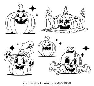 Black and white 5 Halloween pumpkin design set with Vintage retro style. Design elements for logo, badges, banners, labels, posters. Vector illustration