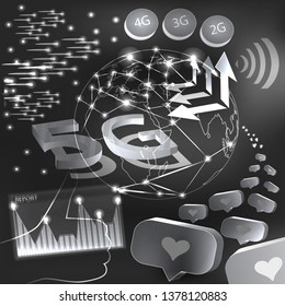 Black and white 5G wireless internet wifi connection.  Speed of network concept. Like and connection  