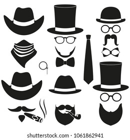 Black and white 6 silhouette man avatar element set. Hipster vector illustration for gift card certificate sticker, badge, sign, stamp, logo, label, icon, poster, patch, banner invitation