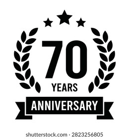 Black and white 70 years anniversary logo with laurel wreath stars and ribbon