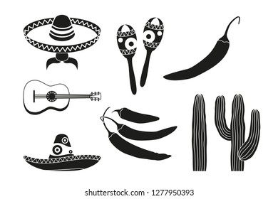 Black and white 8 mexican elements. Fiesta carnival set. Mexico theme vector illustration for icon, stamp, label, badge, certificate, leaflet, brochure or banner decoration