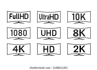 black white 8K, 4K, 2k Ultra HD Video Resolution Icon Logo; High Definition TV  Game Screen monitor display Label