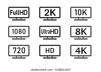 black white 8K, 4K, 2k Ultra HD Video Resolution Icon Logo; High Definition TV  Game Screen monitor display Label