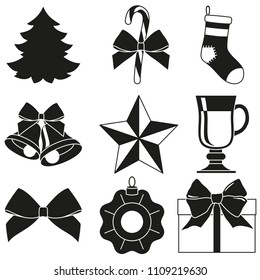Black and white 9 new year elements silhouette set. Xmas holiday decorations. Vector illustration for icon, logo, sticker, patch, label, badge, emblem, certificate, poster or gift card pattern