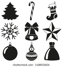 Black and white 9 xmas elements silhouette set. New year holiday decorations. Vector illustration for icon, logo, sticker, patch, label, badge, emblem, certificate, poster or gift card pattern