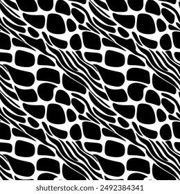 Black and White Abstract Animal Skin Print Spots and Stripes Diagonal Illusion Vector Seamless Pattern for Fashion Fabric Textile Designs or Wallpapers