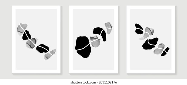 Black and white abstract arts wall art vector set. Stone art with brush stroke, ink painted in minimal style. Home decoration wallpaper.