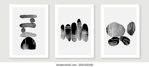 Black and white abstract arts wall art vector set. Stone art with brush stroke, ink painted in minimal style. Home decoration wallpaper.