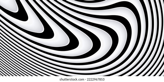 Fondo abstracto negro y blanco, bandas negras 3d blancas, elegante patrón rayado ondulado, ilustración de fondo vectorial 3D.