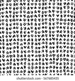 Black and White Abstract Background with Arrows and Check Marks. Vector Seamless Pattern. Grunge Minimal Monochrome Texture