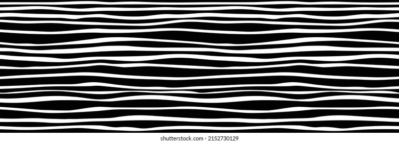 Black white abstract background, curved horizontal stripes, seamless pattern, vector banner