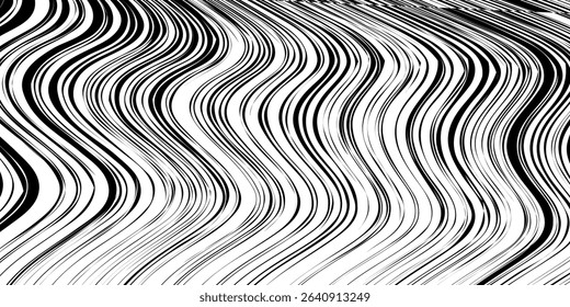 Black white abstract background, curved horizontal stripes, seamless pattern. Optical art, dynamic texture. 