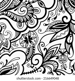 Black and white abstract background, ethnic ornament, asymmetric sketch pattern, vector illustration