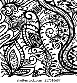 Black and white abstract background, ethnic ornament, asymmetric sketch pattern, vector illustration