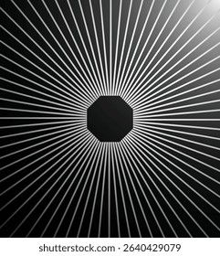 black and white abstract background featuring radial lines emanating from a central octagon.