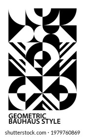 Black white abstract background. Geometric pattern, circle, triangle, square, diamond shape, bauhaus style. Texture design for print, cover, poster, flyer, brochure, banner, wall. Vector illustration.