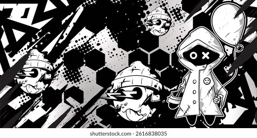 Black and white abstract background with graffiti objects, vector, eps 10, editable.