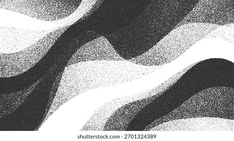 Fondo abstracto en blanco y negro con textura granulada formando Formas ondulatorias superpuestas.