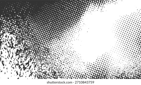 Fondo abstracto en blanco y negro con un patrón de punto de semitono y textura grunge.