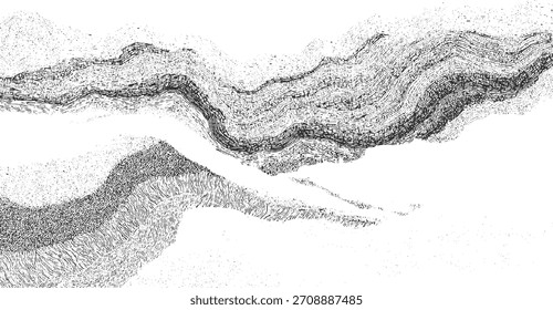 Black and white abstract background with layered wavy lines and scattered dots creating a textured pattern.