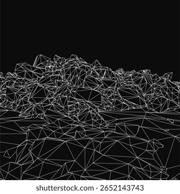 Black and white abstract background with low polygonal shapes resembling mountain peaks. Geometric patterns create a modern and eye-catching design. The monochrome palette enhances the minimalist.