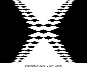 Black and white abstract background made of pixelated rhombuses forming a pattern similar to the letter "X". Geometric digital style perfect for modern design, techno aesthetics, web design and print.