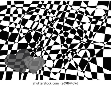Black and white abstract background, made of irregular alternating shapes of hearts, looking like a distorted chessboard