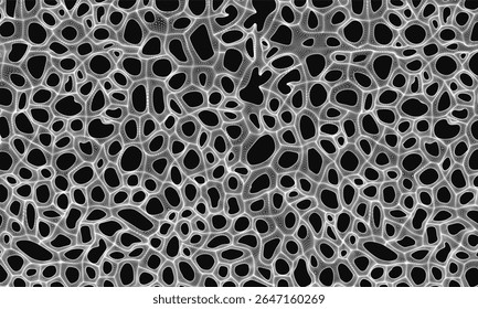 Fundo abstrato preto e branco com um padrão de buracos circulares, criando uma superfície dinâmica e texturizada. O design monocromático oferece uma estética moderna e minimalista com alto contraste