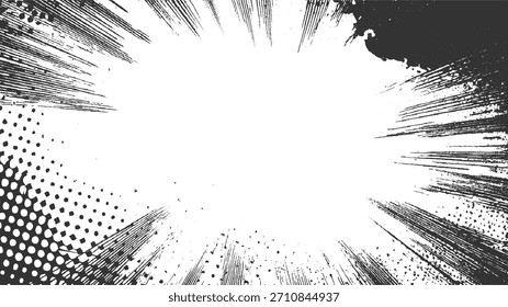 Fundo abstrato preto e branco com linhas radiais e pontos de meio-tom.