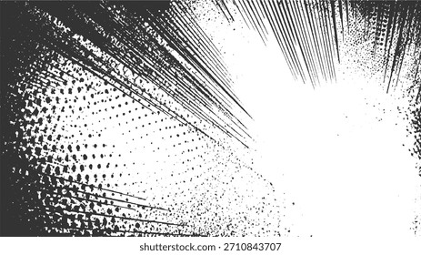 Fondo abstracto en blanco y negro con líneas radiantes y puntos dispersos que crean un efecto de textura dinámica.