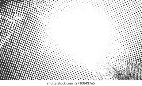 Black and white abstract background with a radiating halftone dot pattern and scattered lines.