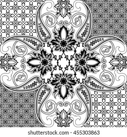 Black and white abstract background. Romantic seamless pattern with paisley and flower. Vector illustration
