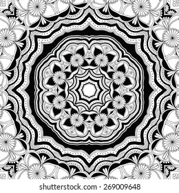 Black and white abstract background. Round ornament. Vector art