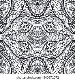 Black and white abstract background, seamless pattern. Hand drawn sketch doodle, floral geometric repeating texture. Tribal ethnic ornament, arabic indian motif